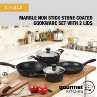 Gourmet Kitchen 4 Piece Marble Non Stick Stone Coated Cookware Set With 2 Lids - Black
