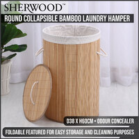 Sherwood Home Round Collapsible Bamboo Laundry Hamper with Polycotton bag - Natural Brown