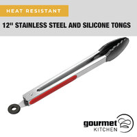 Gourmet Kitchen 12" Stainless Steel & Silicone Heat Resistant Tongs Red