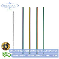 Sherwood Home 5 Piece Straight Reusable Drinking Metal Straw Set With Cleaning Brush Rainbow