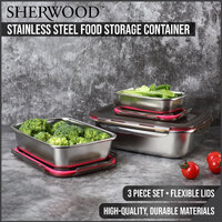 Sherwood Home Stainless Steels Food Storage Container With Air Tights Lid 3 Piece Set Pink 0.5L/1.5L/3L