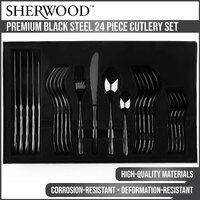 Sherwood Home Premium Black Titanium Steel 24 Piece Cutlery Set - Knife/Fork/Spoon 