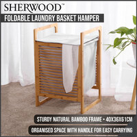 Sherwood Home Foldable Bamboo Laundry Basket Hamper with Lid and Handle - Natural - 40x36x61cm