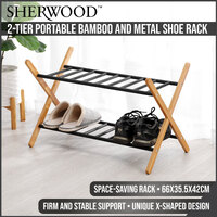 Sherwood Home 2-Tier Portable Natural Bamboo and Metal Shoe Rack - Light Brown- 66X35.5X42cm