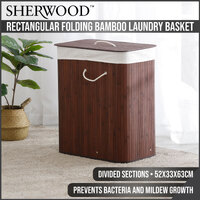 Sherwood Home Rectangular Folding Bamboo Laundry Basket 2 Section Sorter - Brown - 105L