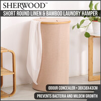 Sherwood Home Short Round Linen and Bamboo Laundry Hamper with Cover Rose Gold 38x38x43cm