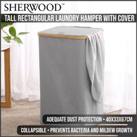 Sherwood Home Tall Rectangular Linen and Bamboo Laundry Hamper with Cover Dark Grey - 40x33x67cm