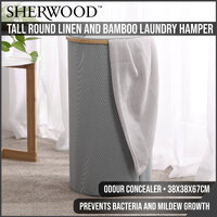 Sherwood Home Tall Round Linen and Bamboo Laundry Hamper with Cover Dark Grey 38x38x67cm