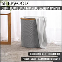 Sherwood Home Short Round Linen and Bamboo Laundry Hamper with Cover Dark Grey 38x38x43cm
