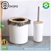 Takara Takae - Bathroom Accessory Set – 2-Piece Bamboo Toilet Brusher and Rubbish Bin White