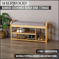 Sherwood Home Foldable Bamboo Cushioned Bench Shoe Storage 3-Tier