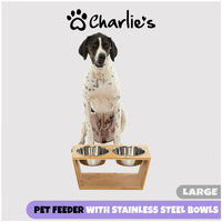 Charlie's Pet Natural Bamboo Pet Feeder with Stainless Steel Bowls- Large