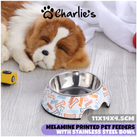 Charlie's Pet Melamine Printed Pet Feeders With Stainless Steel Bowl  Bone Small