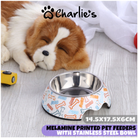 Charlie's Pet Melamine Printed Pet Feeders With Stainless Steel Bowl  Bone Medium