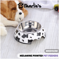 Charlie's Pet Melamine Printed Pet Feeders With Stainless Steel Bowl  Cow Medium