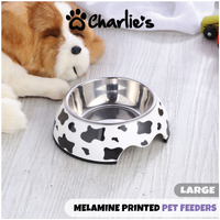 Charlie's Pet Melamine Printed Pet Feeders With Stainless Steel Bowl  Cow Large