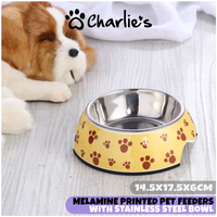 Charlie's Pet Melamine Printed Pet Feeders With Stainless Steel Bowl  Pug Medium