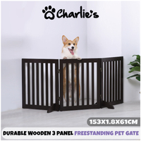 Charlie's Durable Wooden 3 Panel Freestanding Pet Gate - Brown - 153x1.8x61cm