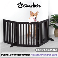 Charlie's Durable Wooden 4 Panel Freestanding Pet Gate - Brown - 204x1.8x61cm