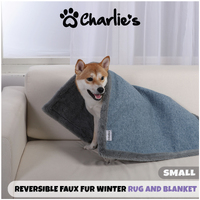 Charlie's Pet Reversible Faux Fur Winter Rug and Blanket - Blue and Grey Trim - Small