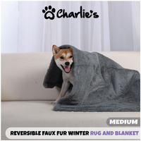 Charlie's Pet Reversible Faux Fur Winter Rug and Blanket - Blue and Grey Trim - Medium