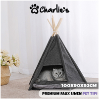 Charlie's Premium Faux Linen Pet Tipi Tent - Charcoal Extra Large 100*90*92Cm