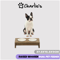 Charlie's Pet Raised Wooden Dual Pet Feeder with Porcelain Bowls - Natural Brown Feeder - 37.8x18.8x9cm