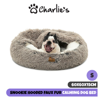 Charlie's Pet Cushioned Snookie Hooded Pet Nest Bed Faux Fur Grey Small 60x60x15cm