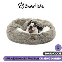 Charlie's Pet Cushioned Snookie Hooded Pet Nest Bed Faux Fur Grey Large 90x90x20cm
