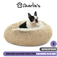 Charlie's Pet Cushioned Snookie Hooded Pet Nest Bed Double Faux Chinchilla Cream and Artic White Small 60x60x15cm