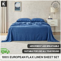 Natural Home European Flax Linen Sheet Set Deep Blue King Bed