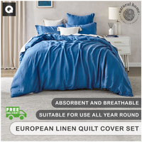 Natural Home European Flax Linen Quilt Cover Set Deep Blue Queen Bed