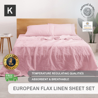 Natural Home 100% European Flax Linen Sheet Set Pink King Bed