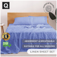 Natural Home 100% European Flax Linen Sheet Set Blue Queen Bed