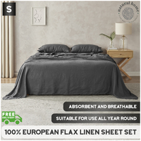 Natural Home 100% European Flax Linen Sheet Set Charcoal Single Bed