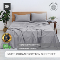 Natural Home Organic Cotton Sheet Set SILVER Super King Bed