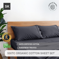 Natural Home Organic Cotton Sheet Set CHARCOAL Super King Bed