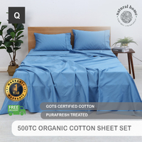 Natural Home Organic Cotton Sheet Set NIAGARA BLUE Queen Bed