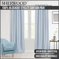 Sherwood Home 100% Blockout Eyelet Curtain Pair Ocean Blue 90x223cm