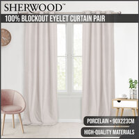 Sherwood Home 100% Blockout Eyelet Curtain Pair Porcelain 90x223cm