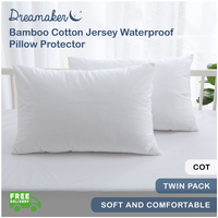 Dreamaker Bamboo Cotton Jersey Cot Waterproof  Pillow Protector White 2 Pack
