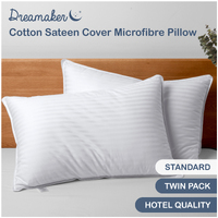 Dreamaker Cotton Sateen Cover Microfibre Standard Pillow - Twin Pack