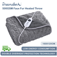 Dreamaker 500Gsm Faux Fur Heated Throw Silver - 160 X 120Cm