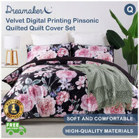 Dreamaker Velvet Digital Printing Pinsonic Quilted Quilt Cover Set Queen Bed Rose