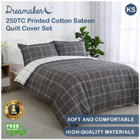 Dreamaker 250Tc Printed Cotton Sateen Quilt Cover Set King Single Bed - Grid 