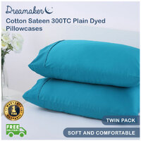 Dreamaker Cotton Sateen 300Tc Plain Dyed Pillowcases Twin Pack Standard Capri Breeze