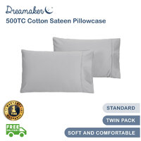 Dreamaker 500Tc Cotton Sateen Standard Pillowcase Twin Pack Platinum