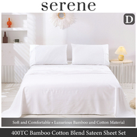 Serene 400TC Bamboo Cotton Blend Sateen Sheet Set WHITE Double Bed