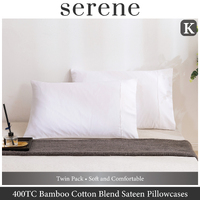 Serene 400TC Bamboo Cotton Blend Sateen King Pillowcases Twin Packs WHITE
