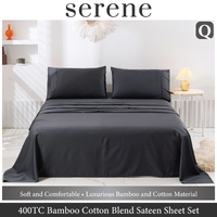 Serene 400TC Bamboo Cotton Blend Sateen Sheet Set CHARCOAL Queen Bed